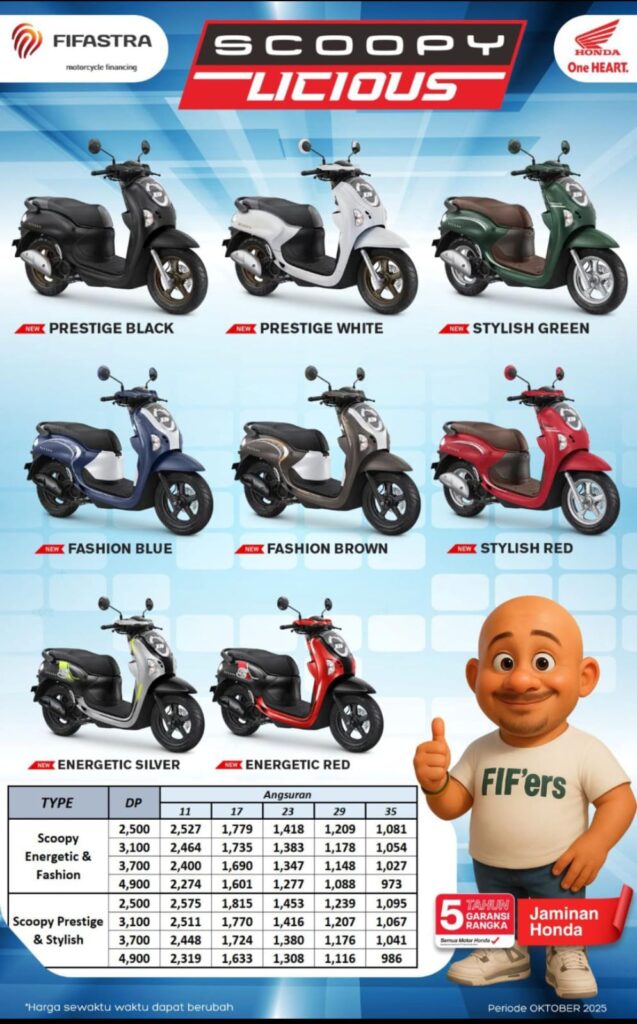 Promo Honda Scoopy Bogor Oktober 2025 – Varian warna baru, DP mulai 2,5 juta, cicilan mulai 1 jutaan, garansi 5 tahun, dealer resmi Honda Bintang Motor.