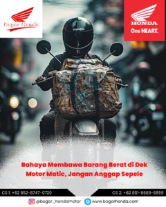 Pengendara motor matic Honda membawa barang berat di dek depan yang berisiko mengganggu keselamatan – bogorhonda.com